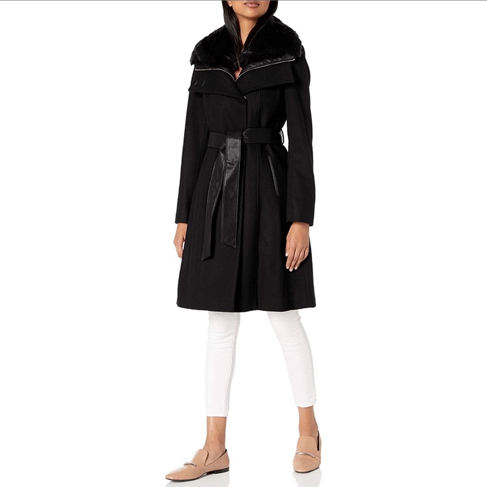 French Connection Women Faux Fur Collar Wool Coat